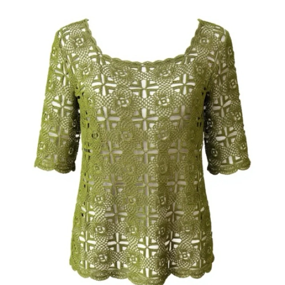 Unbranded green floral crochet tunic long top lace MEDIUM sheer short sleeve - Picture 4 of 13